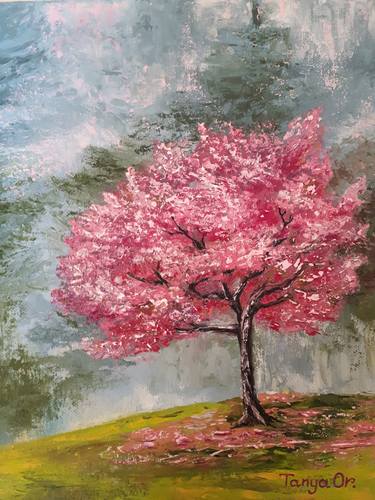 Watercolor Flowering Pink Tree By Lake Stock Illustration , 54% OFF