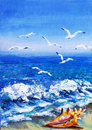 Seascape with seagulls and a shell thumb
