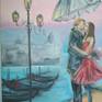 "Kiss", 40 / 40cm, oil on canvas. No outer frame. New, 2019. The picture depicts a couple in love in Venice. A kiss against a background of pink sky. Muted shades of pink, purple and blue are used for a relaxed and romantic mood.