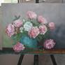 Still life called "Vase whit pink roses" - size 40/30 cm, oil on cardboard. Painted according to the methods of the old Russian school of drawing.