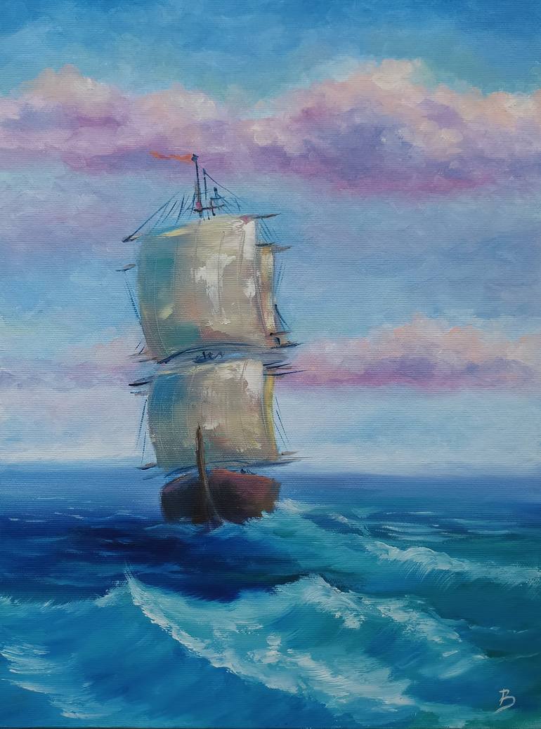 Hand painted Seascape with a Ship Ocean Waves Sea Painting by