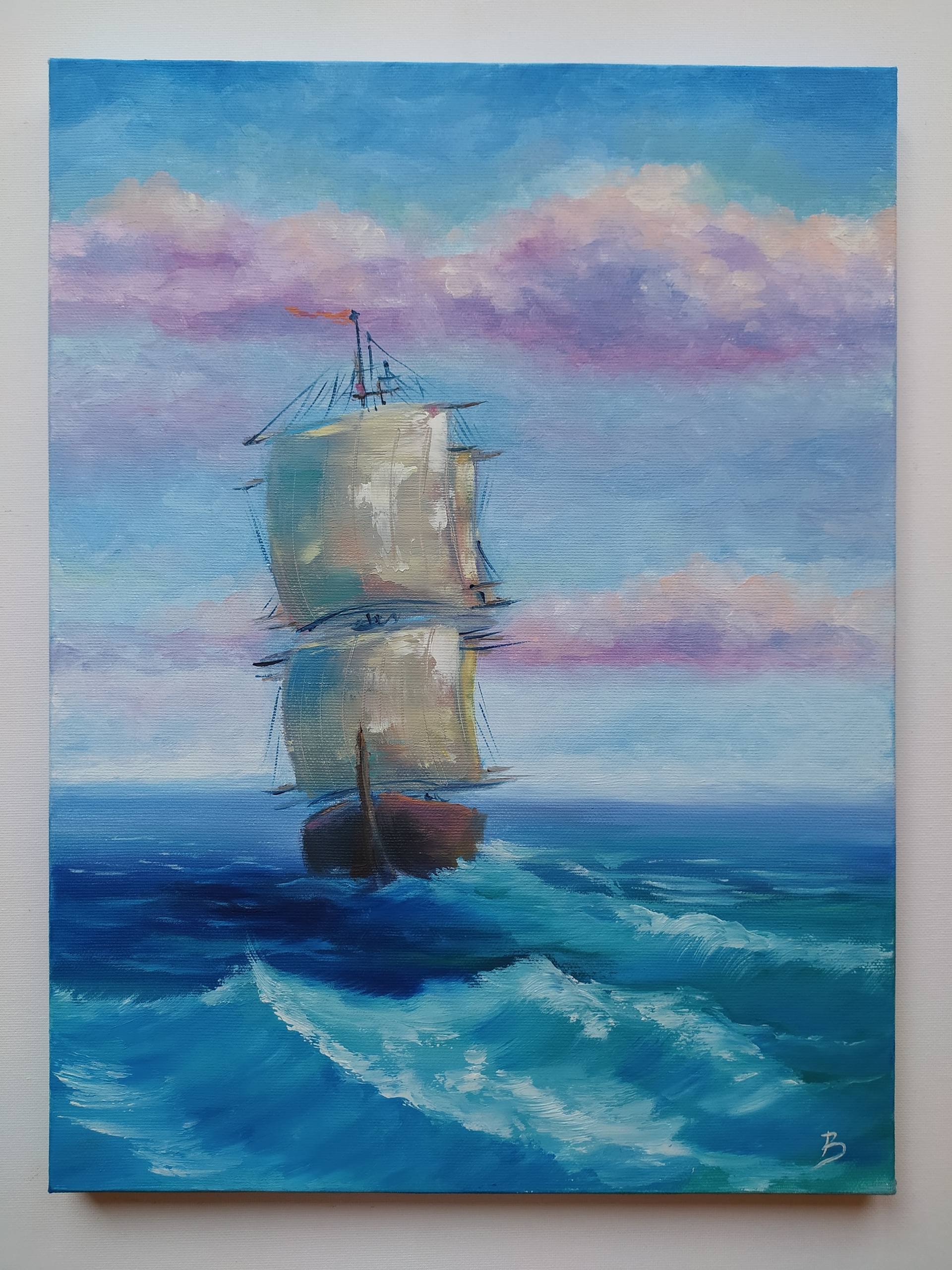 Hand painted Seascape with a Ship Ocean Waves Sea Painting by