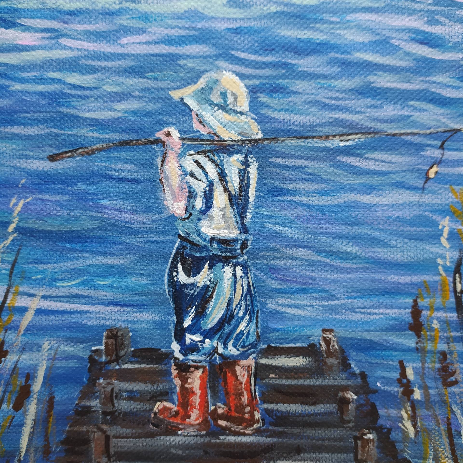 Hand painted Little fisherman Painting by Veselka Encheva