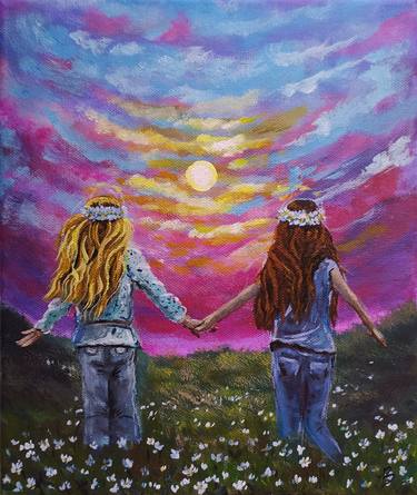 Hand painted "Inseparаble", girls under the full moon thumb