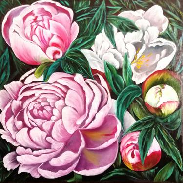 Pink and white peony flowers with dark green leaves thumb
