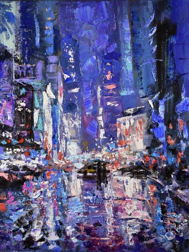 New York Painting City Night Original Art Street Rain Wall Art thumb