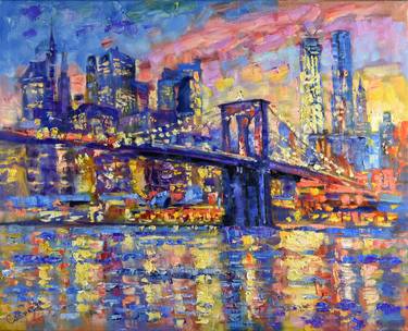 New York Painting Original Art Canvas Artwork Brooklyn Bridge at Sunset thumb