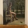 unframed painting of nude woman in garden scene