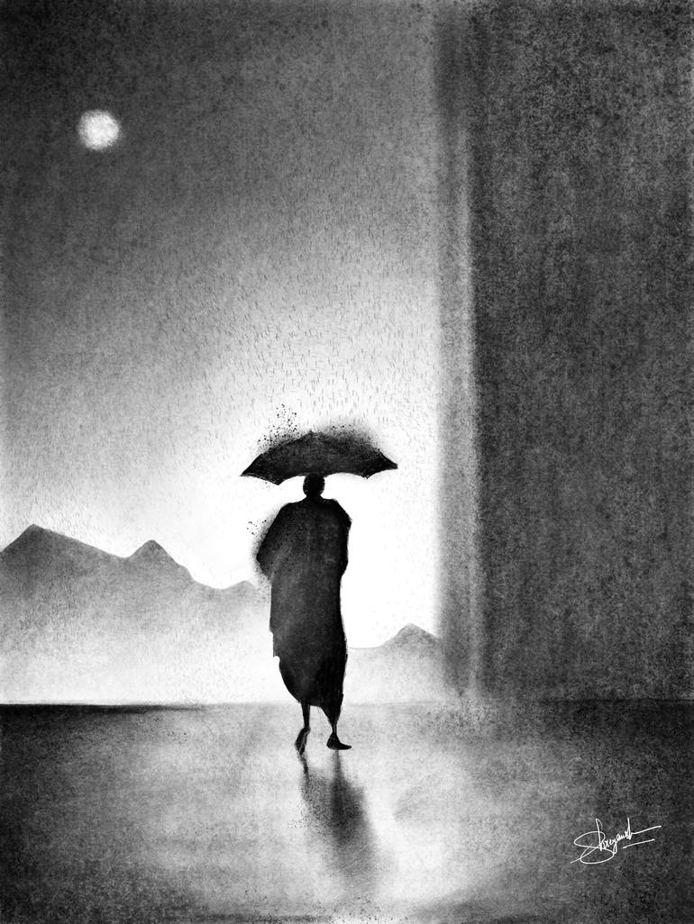 Man Walking in Rain - Charcoal Painting Art Print