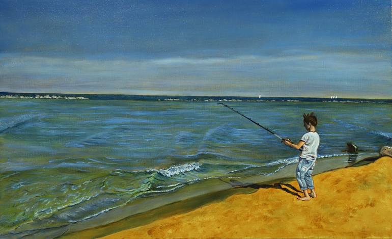 A boy fishing Painting by Anna Vallesi