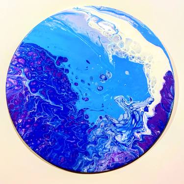 Ocean Blue, Acrylic Pouring on Unfinished Wood Circle, Sustainable Abstract Art thumb