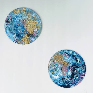 For a Sustainable World, 2 Mixed Media Artwork with Golden Sheets on Unfinished Wood Circle thumb