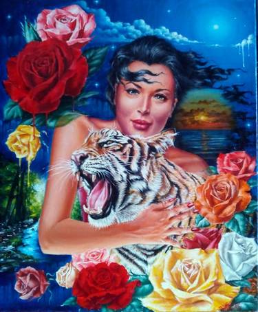 The girl with a tiger and roses portraiture thumb