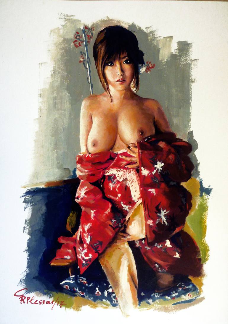 Nude with kimono Painting by Rafael Plessas | Saatchi Art