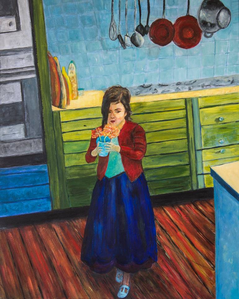 Original People Painting by Luna Elstir | Contemporary Art on Canvas | A Girl with a Glass of Flowers