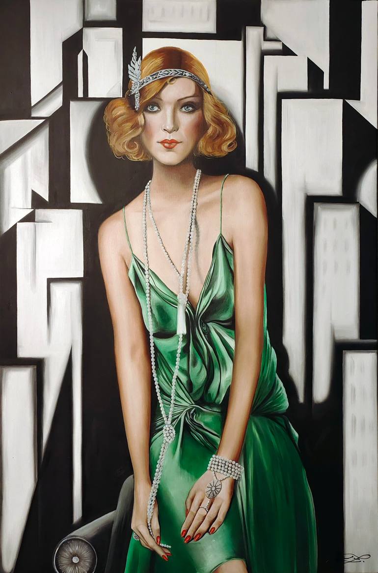 art deco painting woman in green dress Poster | Sevilla Fiestas de Primavera 1929 main image 1