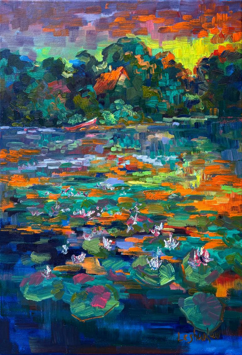 Original Landscape Painting by Vitaly Leshukov Soldatov | Abstract Expressionism Art on Canvas | Sunset on the Loire