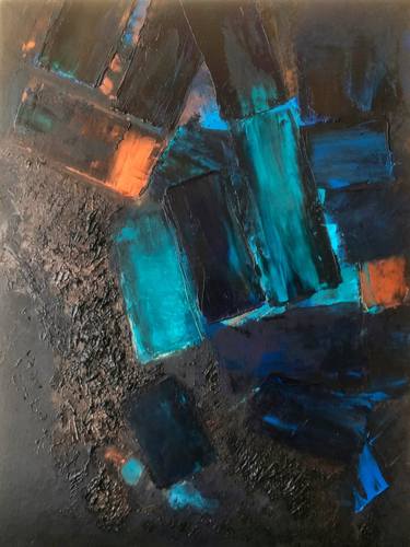 Homage to Soulages. Blue&Gold Black Abstract Painting Moon Stone thumb