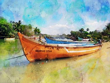 Digital painting of a Boat called Morning Star anchored to the shore of Baga Beach in Goa thumb