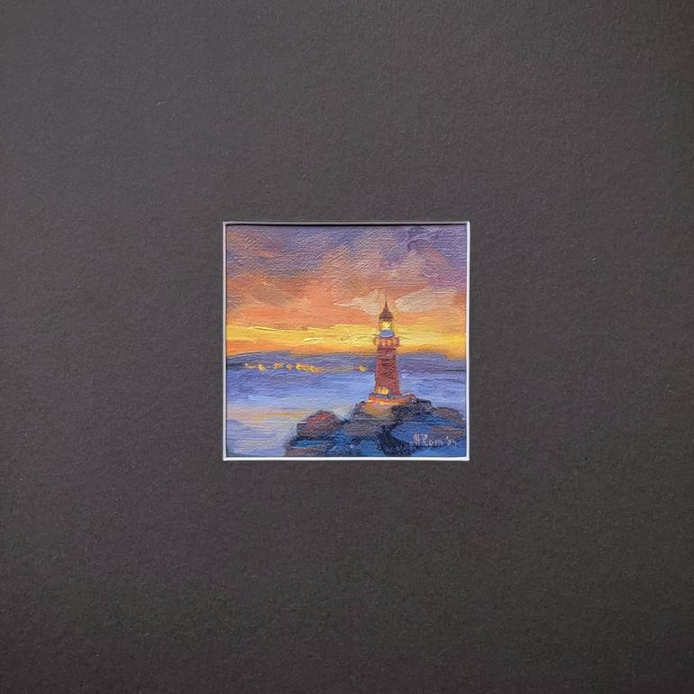 Original Landscape Painting by Hanna Romanovich | Impressionism Art on Linen | Lighthouse and the Sunset Original painting Matted 11"x11"