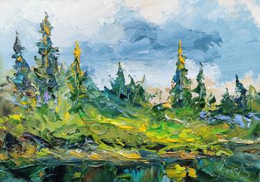Landscape oil painting. Forest Lake. Oil on fiberboard. thumb
