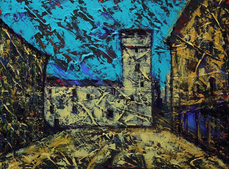 Original Architecture Painting by Denis Kuvaiev Denkuvaiev | Impressionism Art on Canvas | Plaza Constitucion and Tower Air in Salamanca