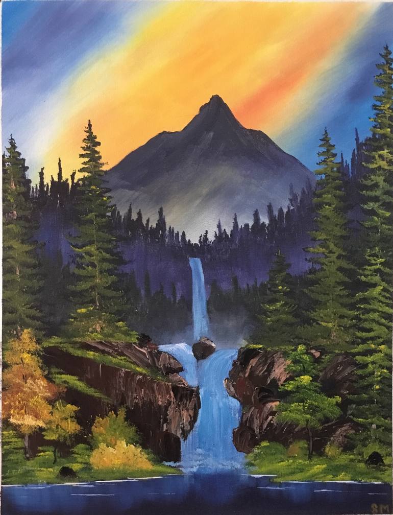 mountain waterfall Painting by Shankhadeep Mondal Saatchi Art