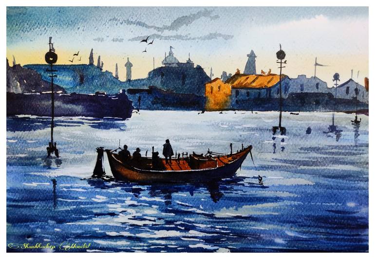 Clearance Sale to Collect Transfer Watercolour Signed Fishing Boats Venice