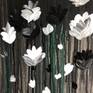 Watery black background with black, grey and white florals with deep green stems. This piece is moody and deep with layers dripping paint.