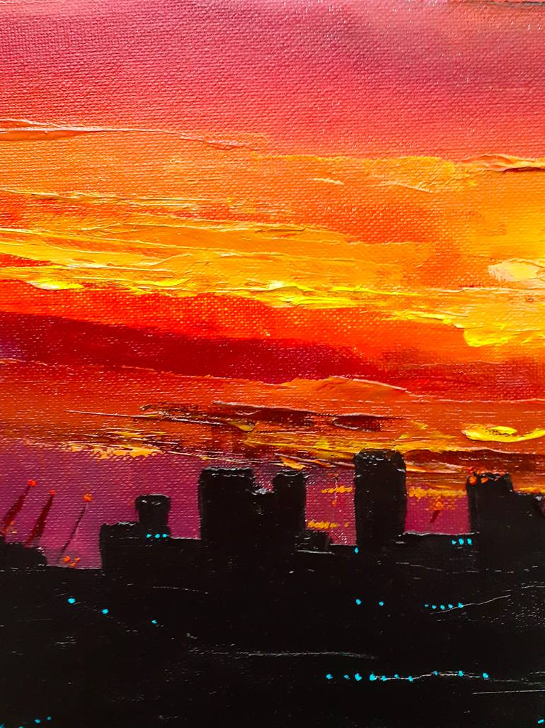 Original acrylic painting; London sunset 26in W shops x 21in H