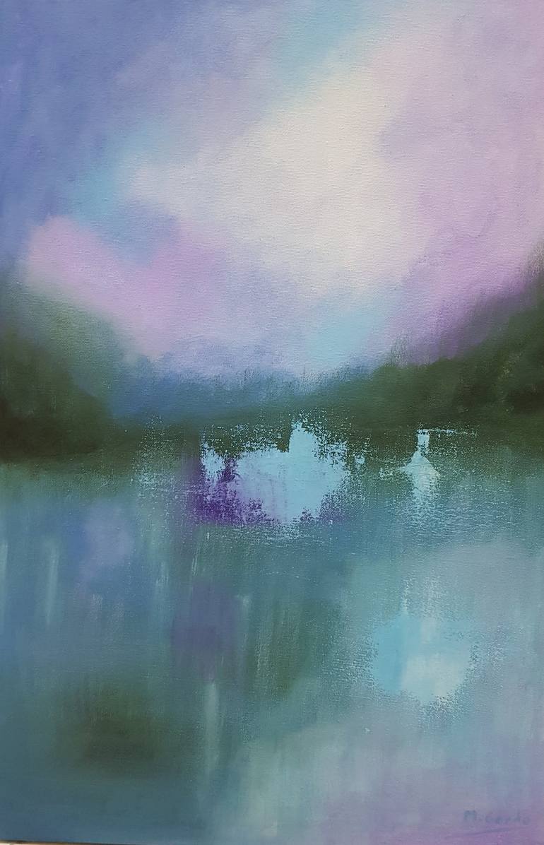 Original Landscape Painting by Mercedes Gordo | Abstract Art on Canvas | Blue fire on the lake