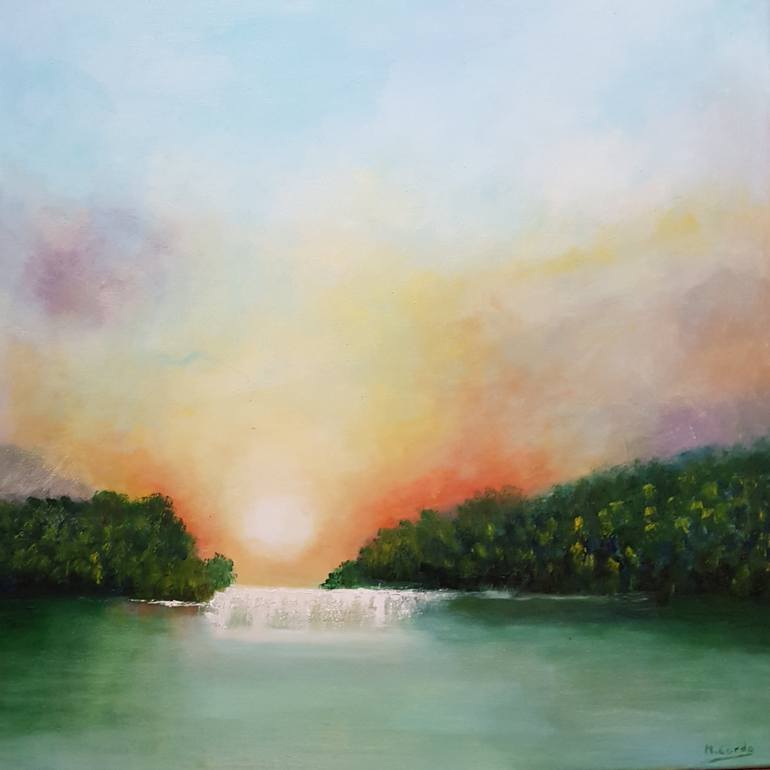 Original Landscape Painting by Mercedes Gordo | Figurative Art on Canvas | Sunset. Waterfall in the forest
