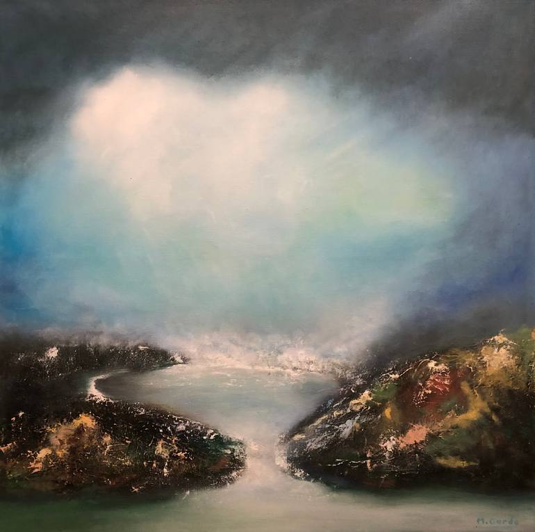 Original Landscape Painting by Mercedes Gordo | Abstract Expressionism Art on Canvas | The cliff at sunset