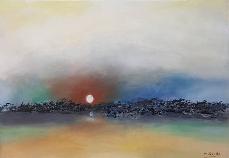 Original Landscape Painting by Mercedes Gordo | Abstract Art on Wood | Sunset over the cliffs
