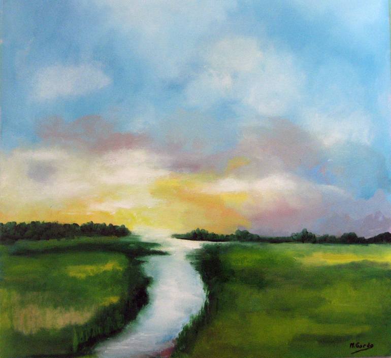 Original Landscape Painting by Mercedes Gordo | Expressionism Art on Wood | Sunset on the river