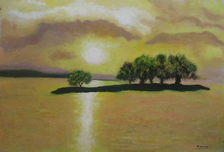 Original Landscape Painting by Mercedes Gordo | Figurative Art on Wood | Sunset on the Lagoon