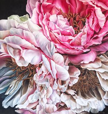 PEONIES - original oil painting, pink and white peonies on black, large painting with flowers, home decor, painting in the hall, gift idea thumb