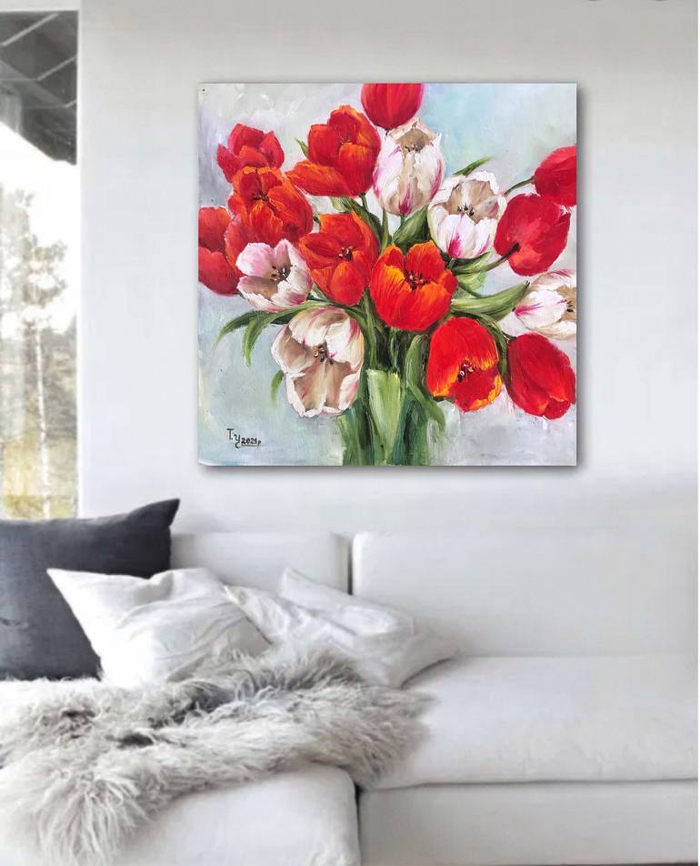 Red and white tulips- big original oil painting on canvas Painting by ...