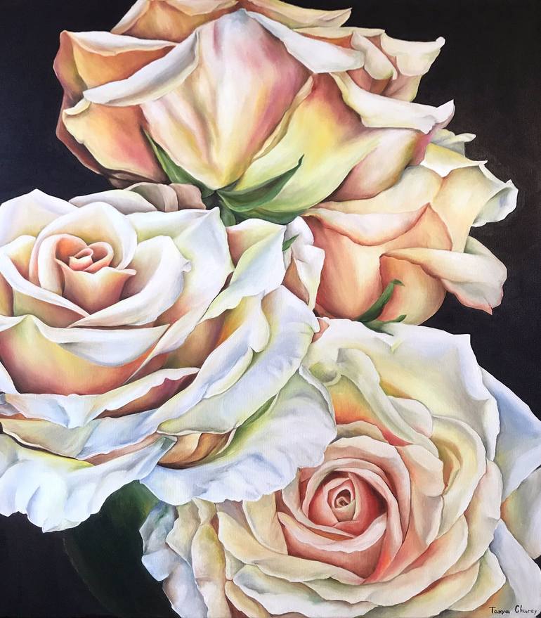 Pastel roses- big flowers on black, botanical oil painting, dark brown,  white roses Painting Painting by Tanya Churey Art