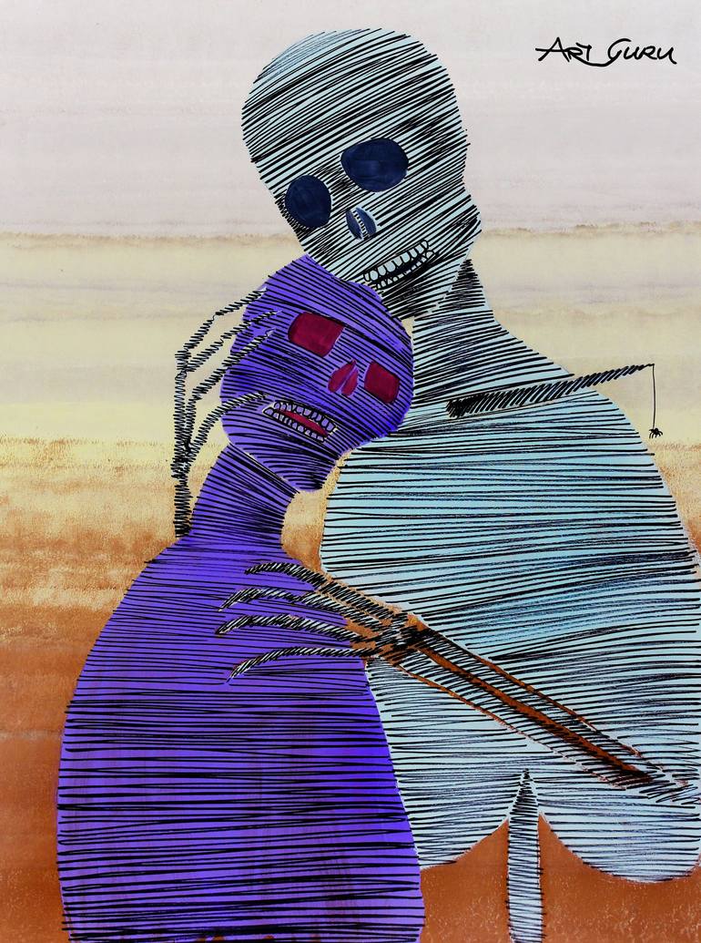 Two Skeletons Hugging By ArtGuru 9213A Acrylic On Paper Painting by