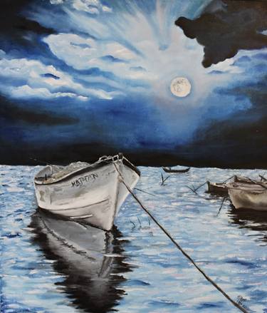 Amazing floating boat-night sea-moon Canvas Print Home Decor Wall Art 900x600mm 