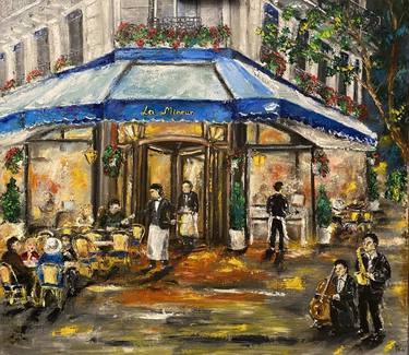 Paris Painting Street Cafe Original Art Impasto Artwork thumb