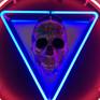 Close up of skull and blue neon triangle 