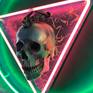 Side view skull with neon lights on. Pink neon triangle with green neon circle. The colour of the neon is very difficult to capture with a photo, if you look at the colour it makes in the hard surface of the art work. Then that is the true intensity of the neon colour of the glass type  