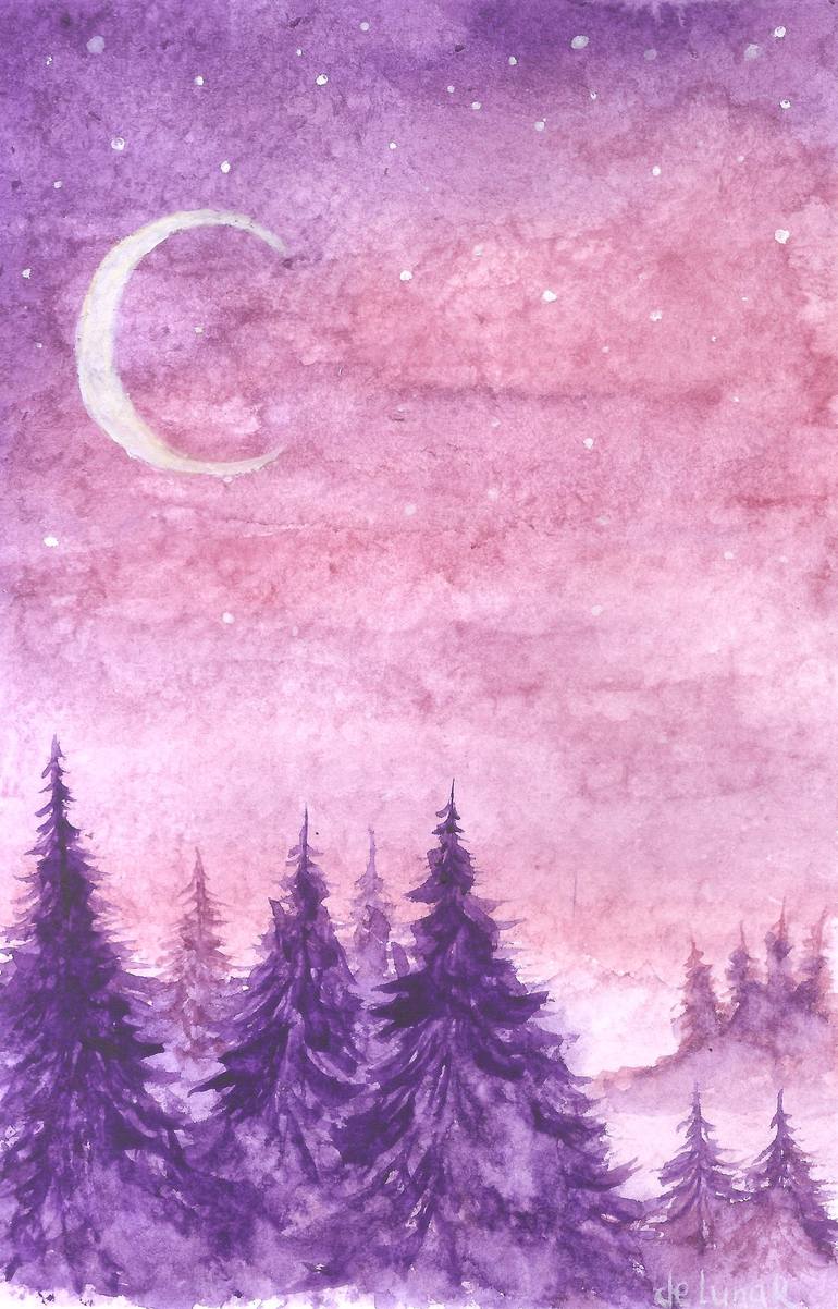 Half moon and purple forest Painting by Veronika de Lunar