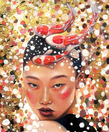 asian girl with koi fish modern portrait thumb