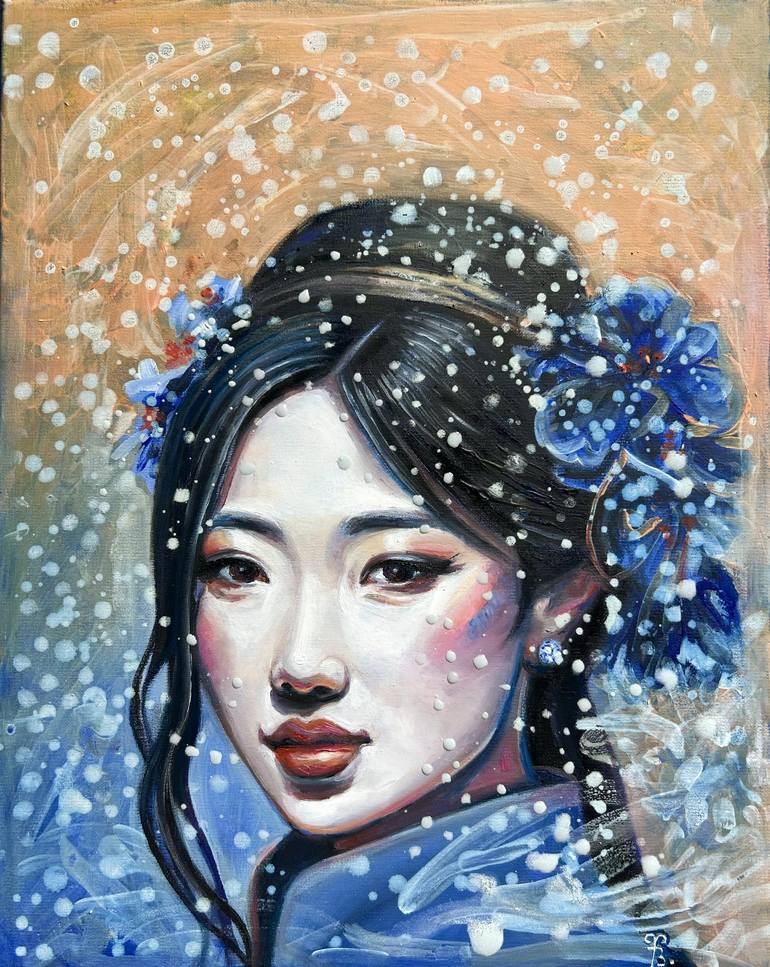 Japanese girl in blue modern portrait Painting by Julia Brinkfrau