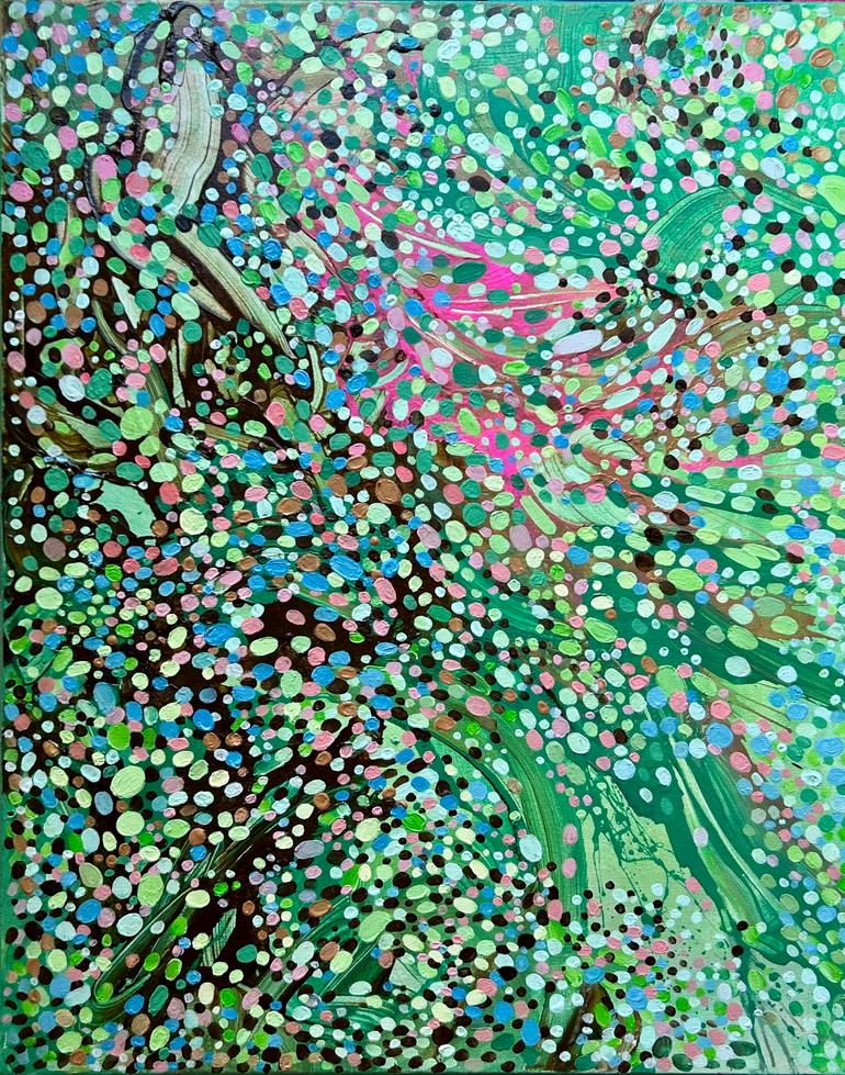 Original Abstract Painting by Julia Brinkfrau | Abstract Expressionism Art on Canvas | Abstract Pointillist Swirl Painting in Green with Pink and Blue