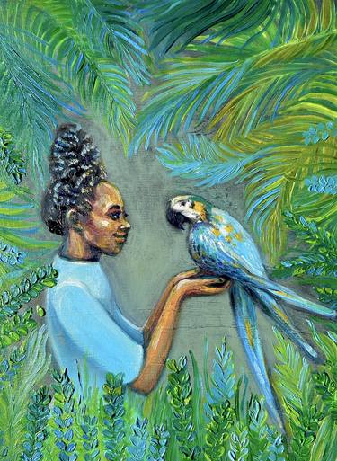 African woman with parrot oil painting thumb