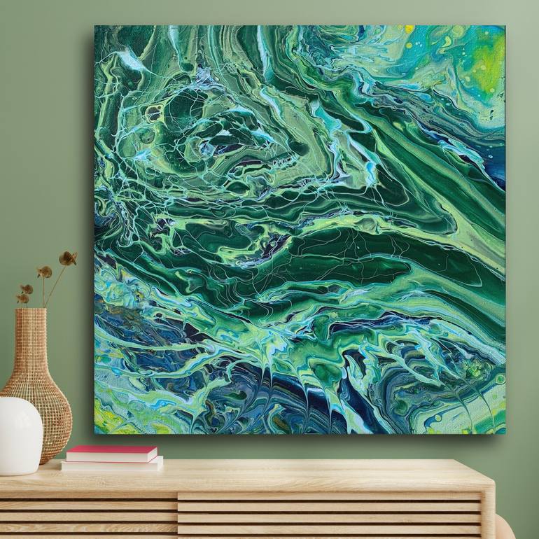 Emerald Green Gold Canvas Art Calming Abstract Fluid Art 